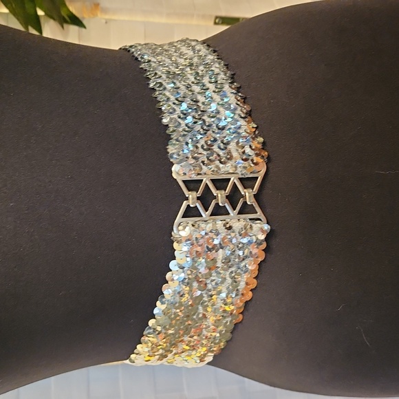 Vintage Silver Sequin Stretch Belt - Picture 3 of 7